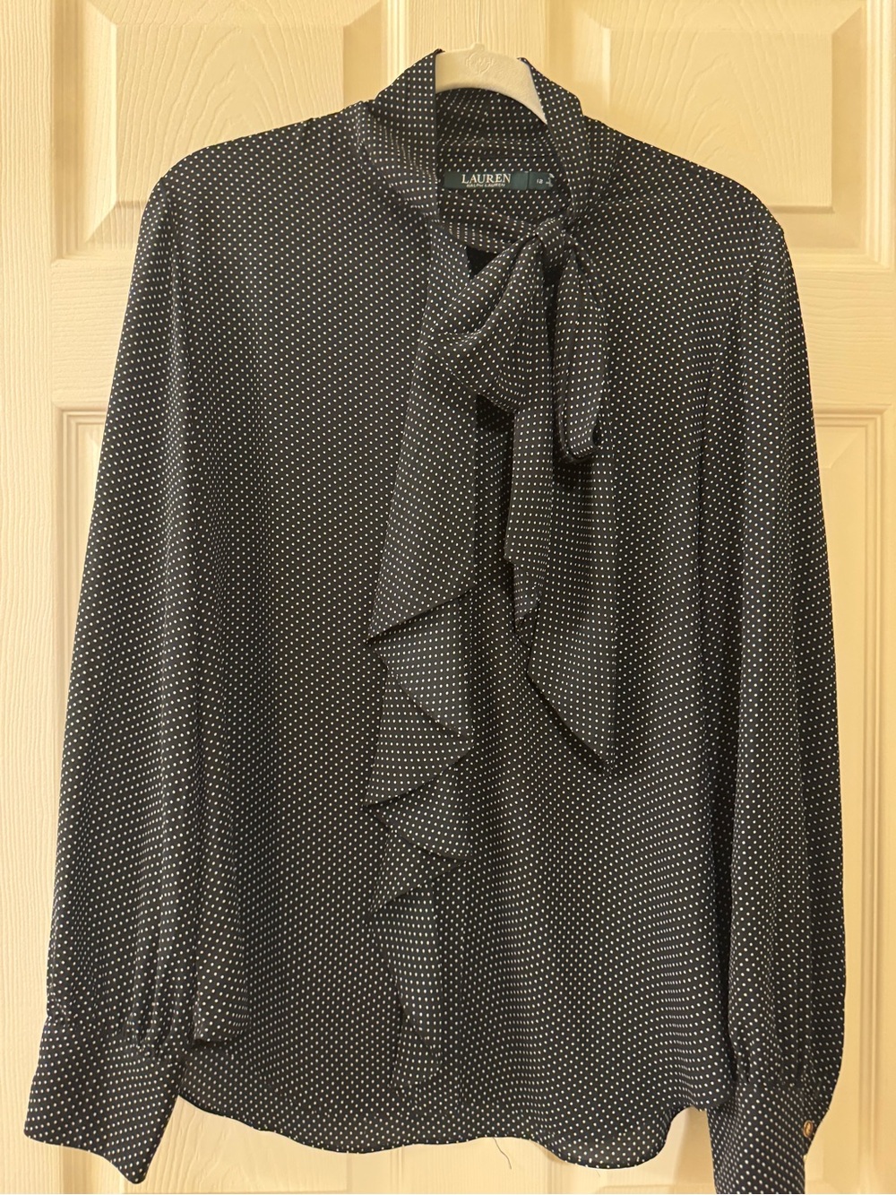 Lauren Ralph Lauren Black Polka Dot Bow-Neck Blouse size 12